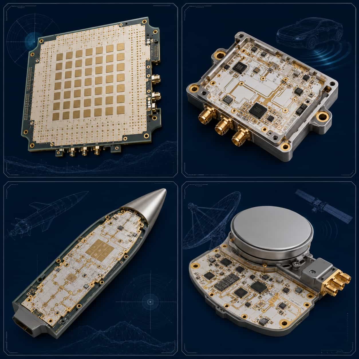 Rogers RO3003 PCB applications showing Ka-band AESA phased array radar 77GHz automotive radar front-end missile seeker and satellite SATCOM circuit boards manufactured on PTFE ceramic substrate
