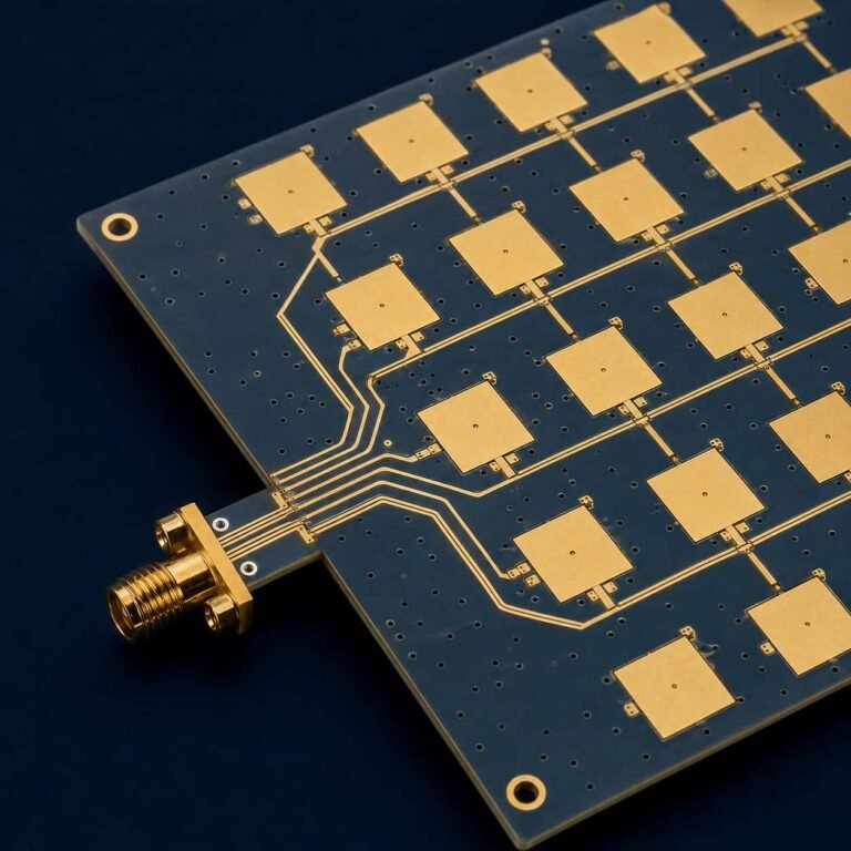 Rogers RO3003 PCB guide showing RO3003 PTFE ceramic laminate Ka-band 77GHz automotive radar and defense AESA circuit board material properties manufacturing and applications