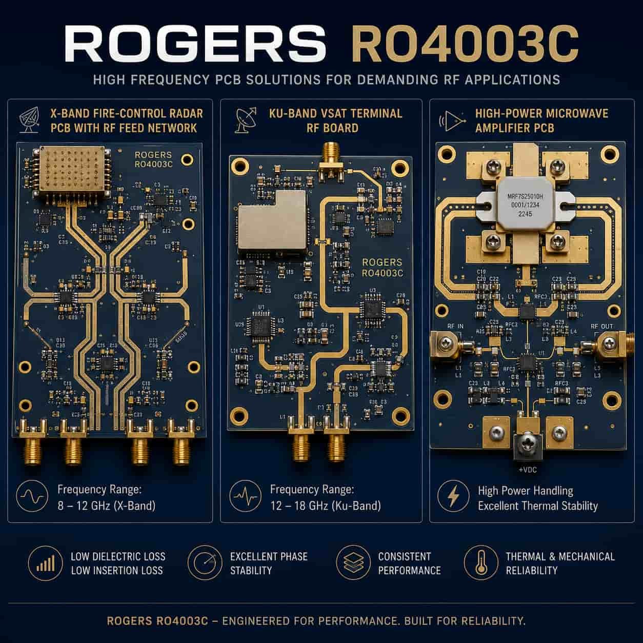 Rogers RO4003C PCB applications showing X-band fire control radar feed network Ku-band VSAT terminal RF PCB and high power amplifier circuit board manufactured on RO4003C hydrocarbon ceramic substrate