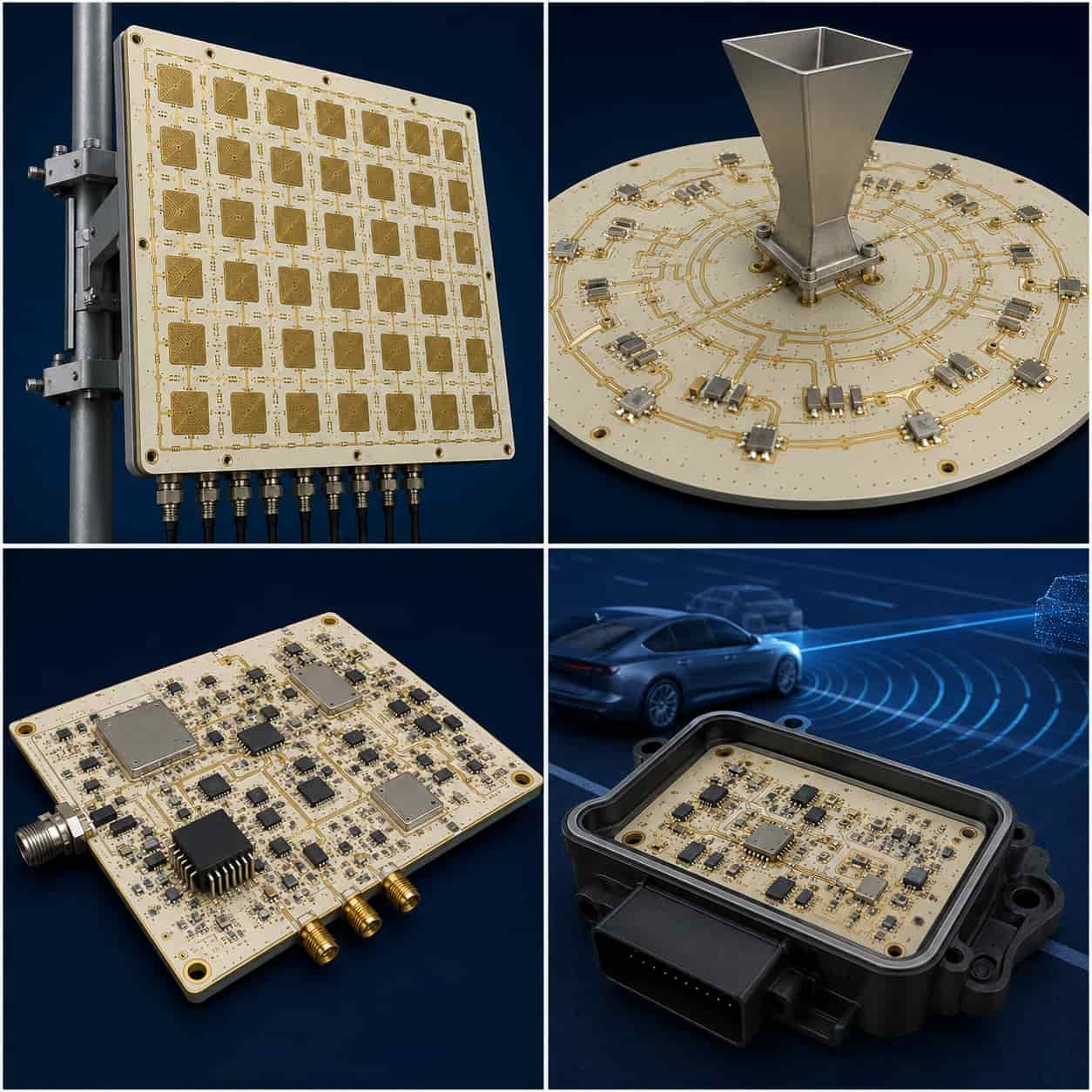 Rogers RO4350B PCB applications showing 5G massive MIMO base station antenna radar feed network VSAT terminal and automotive radar circuit boards manufactured with RO4350B high frequency laminate