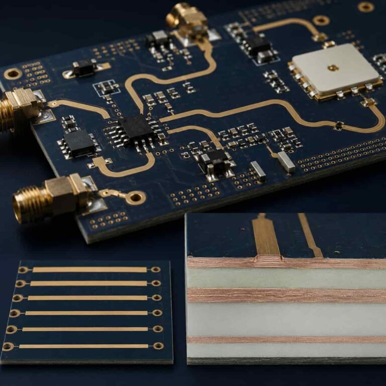 Rogers RO4350B PCB complete guide showing RO4350B laminate multilayer circuit board for RF microwave 5G radar and aerospace applications with controlled impedance and FR4-compatible manufacturing