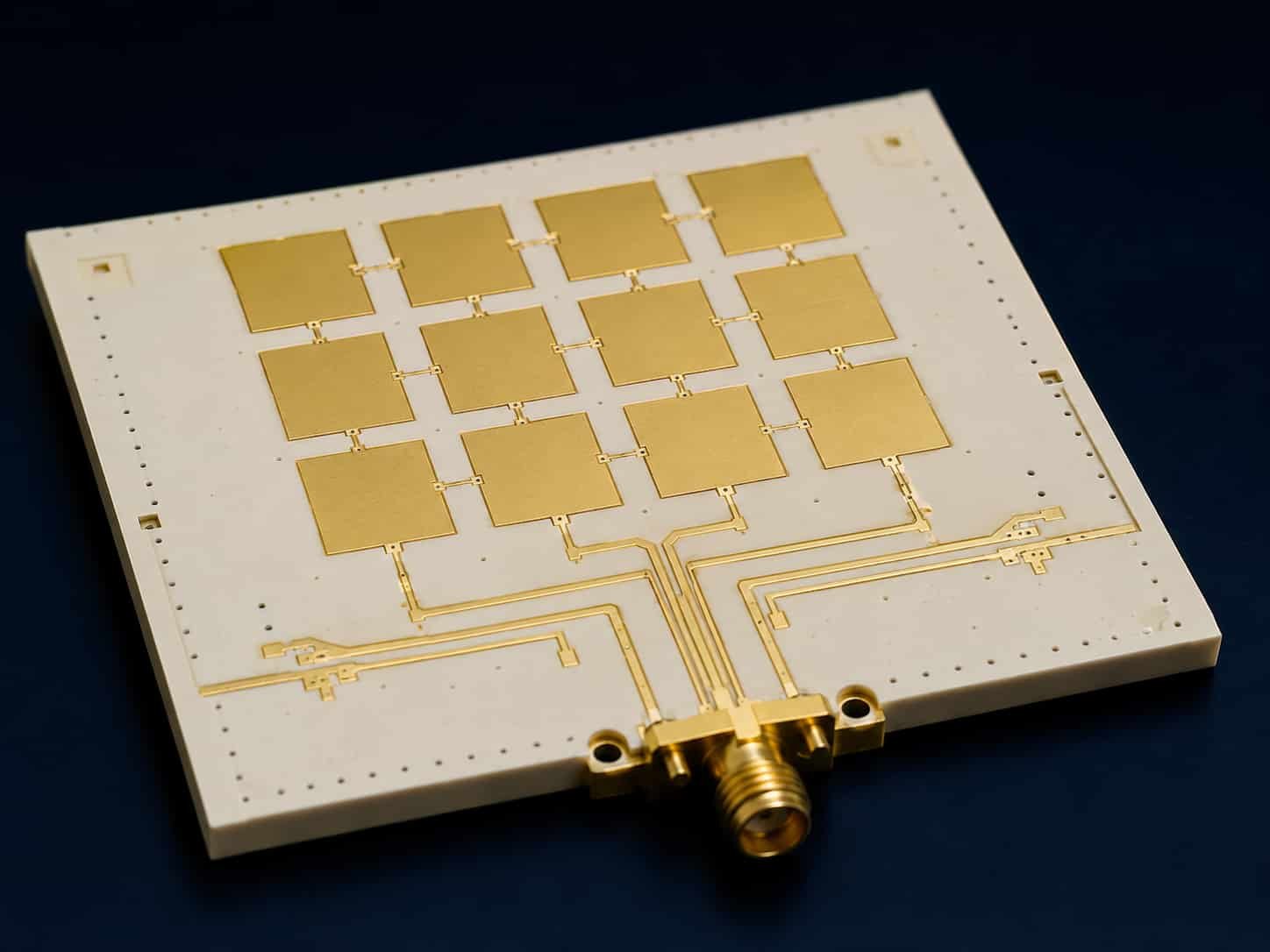 Rogers RO6010 PCB compact patch antenna array showing miniaturized antenna elements enabled by Dk 10.2 high dielectric constant ceramic PTFE substrate for phased array and filter applications
