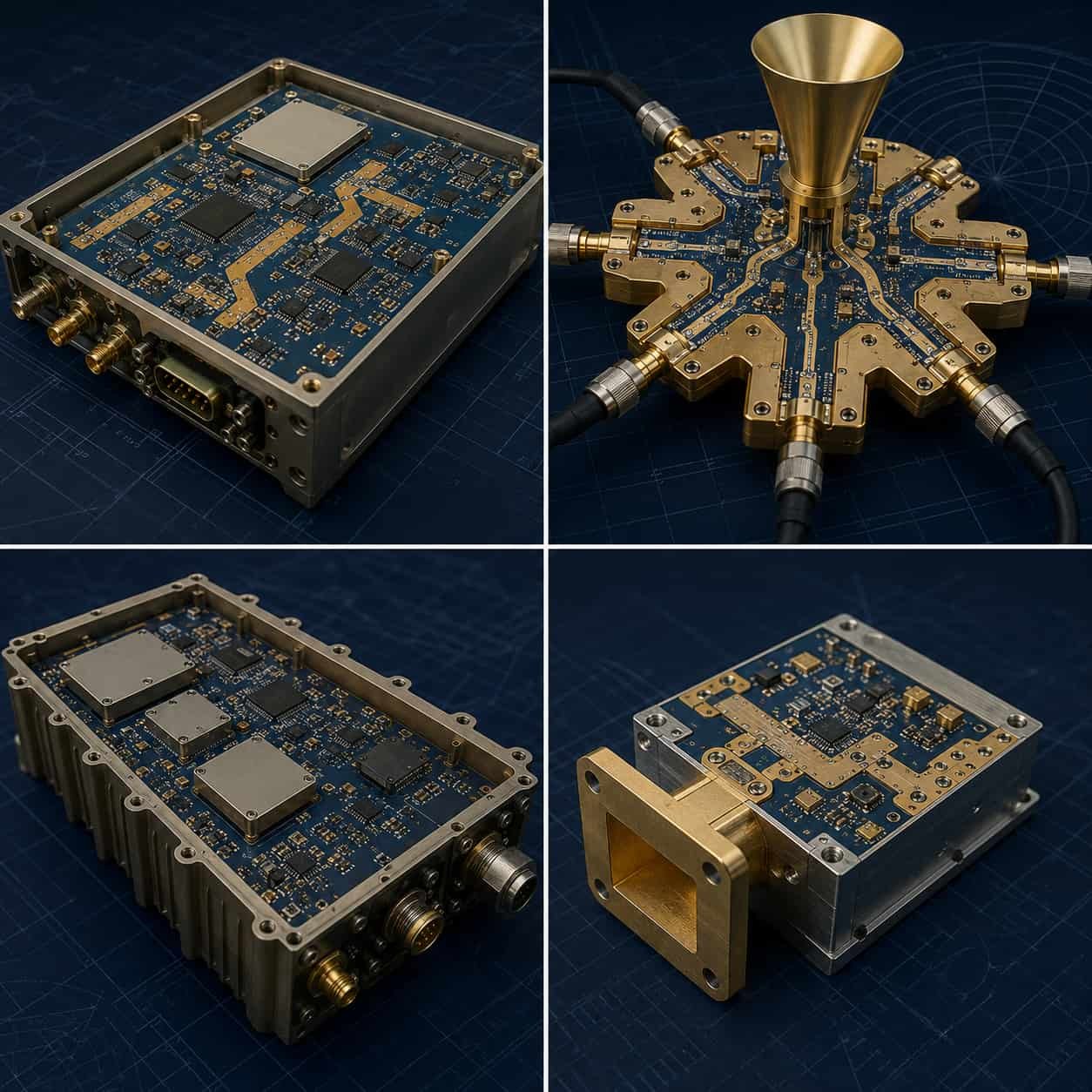 Rogers RT5880 PCB applications showing electronic warfare ESM receiver SIGINT wideband 2 to 18 GHz and W-band 77GHz circuit boards manufactured on PTFE glass substrate