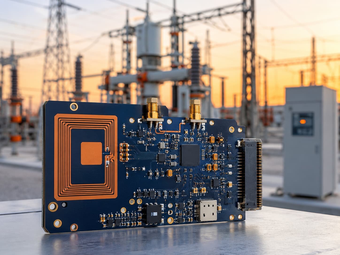 Smart grid high frequency PCB showing Rogers RO4350B RF communication module for power line communication wireless SCADA monitoring and smart meter infrastructure applications