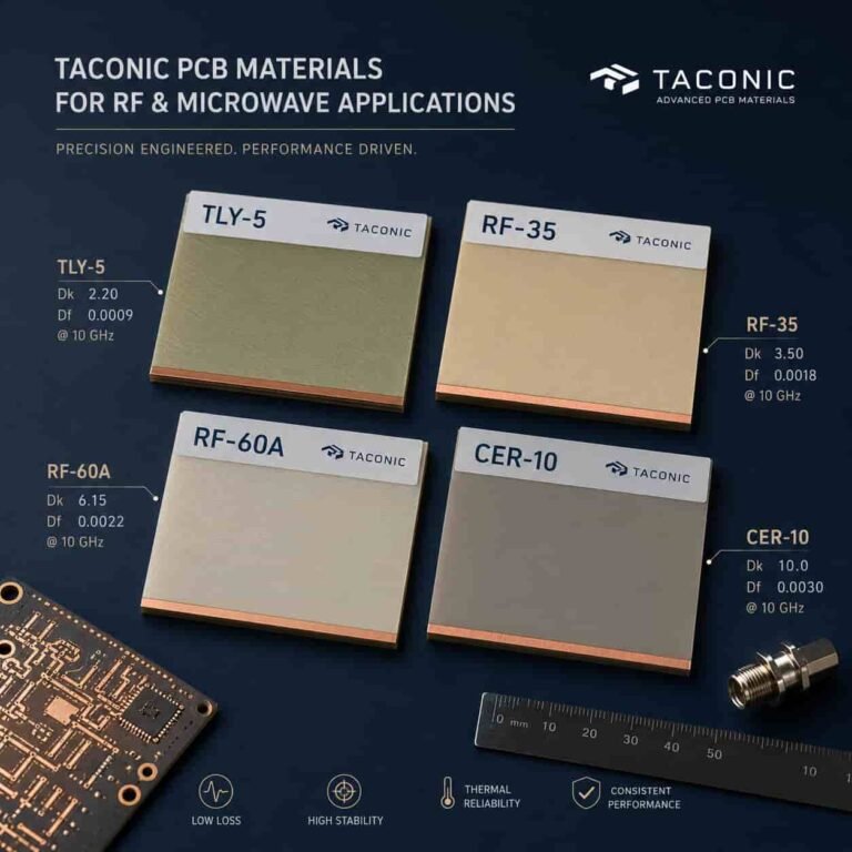 Featured image for Taconic PCB materials guide showing TLY-5 TLP-5 RF-35 RF-60A and CER-10 laminate material selection for high frequency RF microwave and aerospace PCB