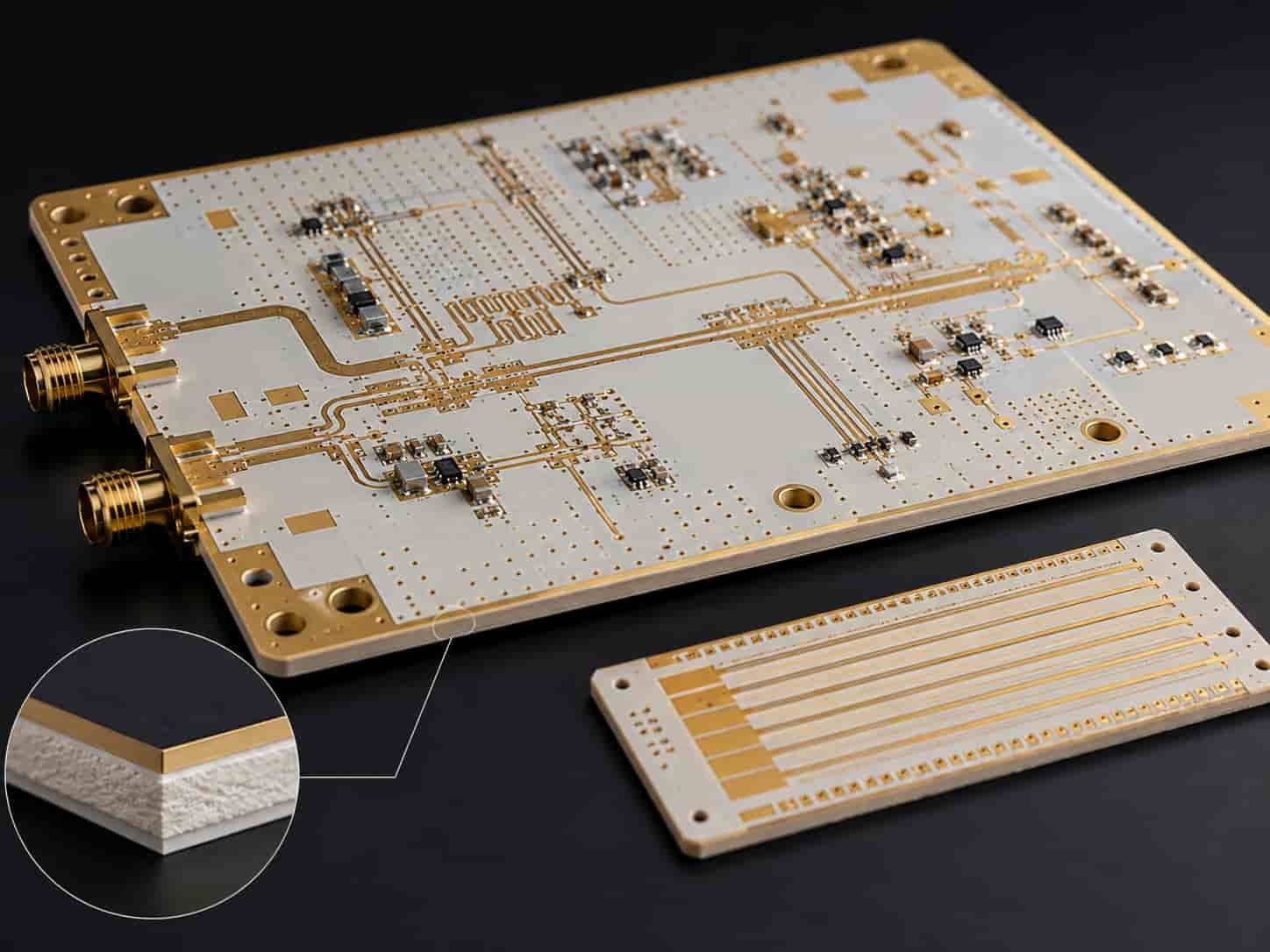 Taconic TLY-5 and RF-35 high frequency PCB in production at Riching PCB factory showing controlled impedance trace routing and RF circuit layout on low-loss laminate
