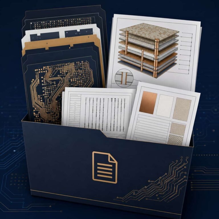 High frequency PCB quotation file checklist showing Gerber files stackup drawing impedance requirements and material specification for Rogers PTFE RF microwave PCB order submission