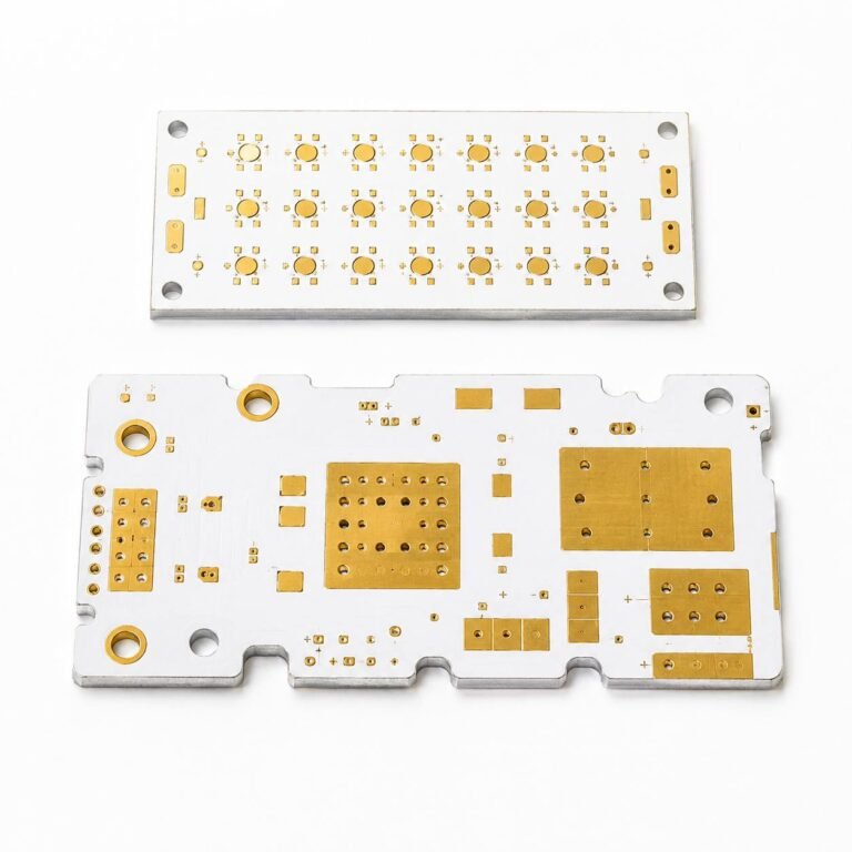 Aluminum PCB manufacturer showing metal core MCPCB board with LED components and EV power electronics application