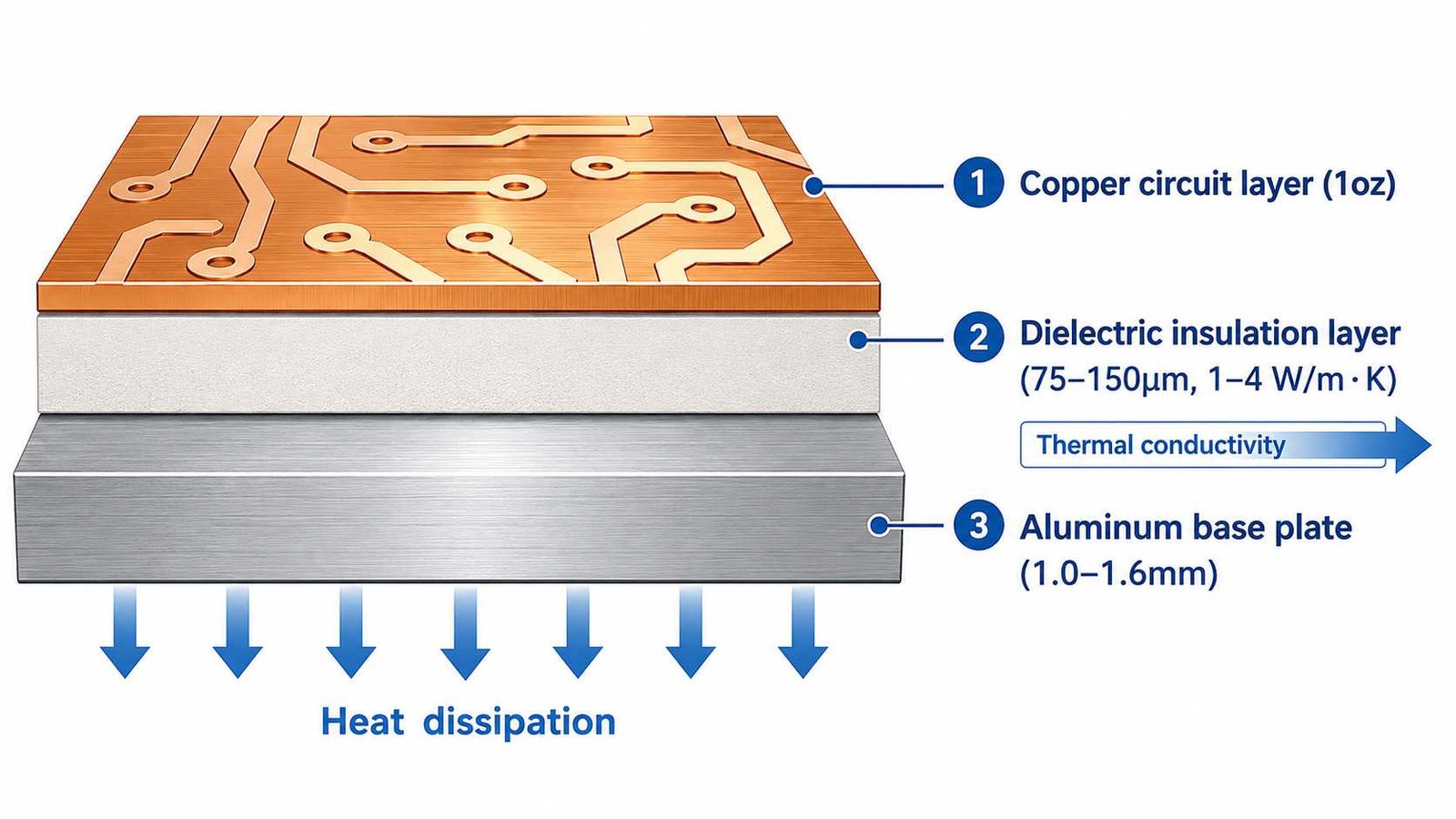 Aluminum PCB structure diagram showing copper circuit layer dielectric insulation layer and aluminum base plate cross section