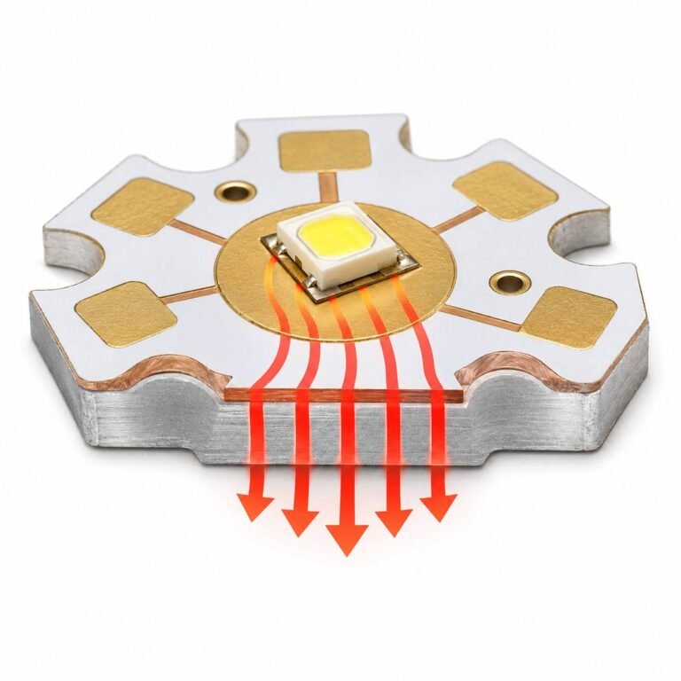 Aluminum PCB thermal design showing LED MCPCB with heat flow path through dielectric to aluminum base plate