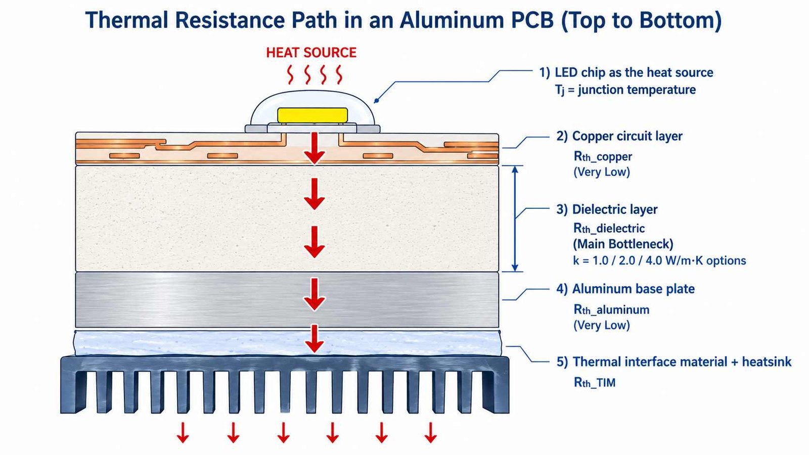 Aluminum PCB thermal resistance diagram showing junction to case thermal path through LED copper dielectric and aluminum base plate