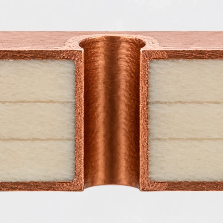 PTFE PCB cross-section showing plated through-hole with copper adhesion on PTFE substrate after plasma activation