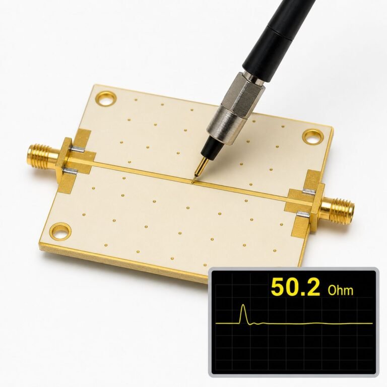 Controlled impedance PCB with TDR test probe measuring 50 ohm microstrip trace on Rogers substrate