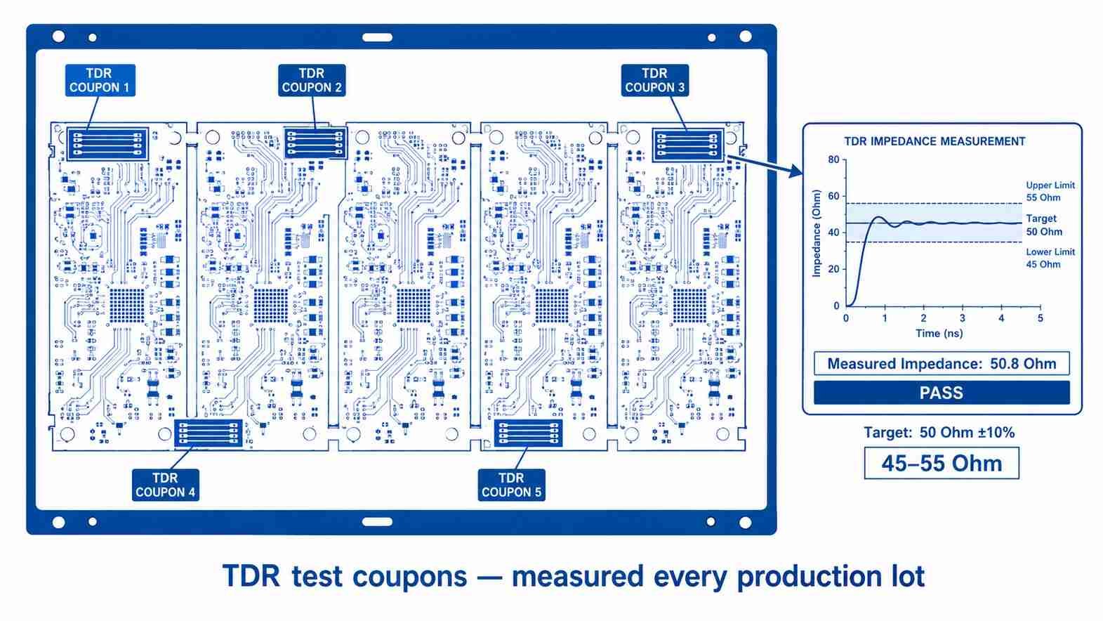 TDR impedance verification process diagram showing measurement points on PCB panel for controlled impedance manufacturing