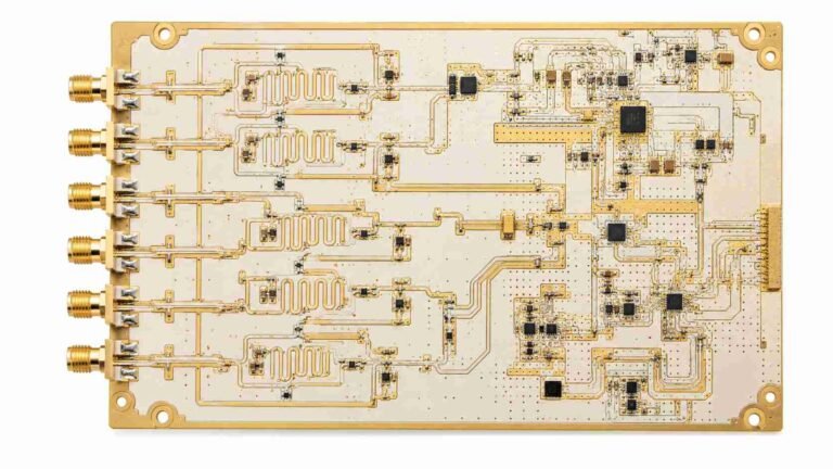 EW PCB on Rogers RT5880 substrate showing wideband electronic warfare receiver circuit with SMA connectors