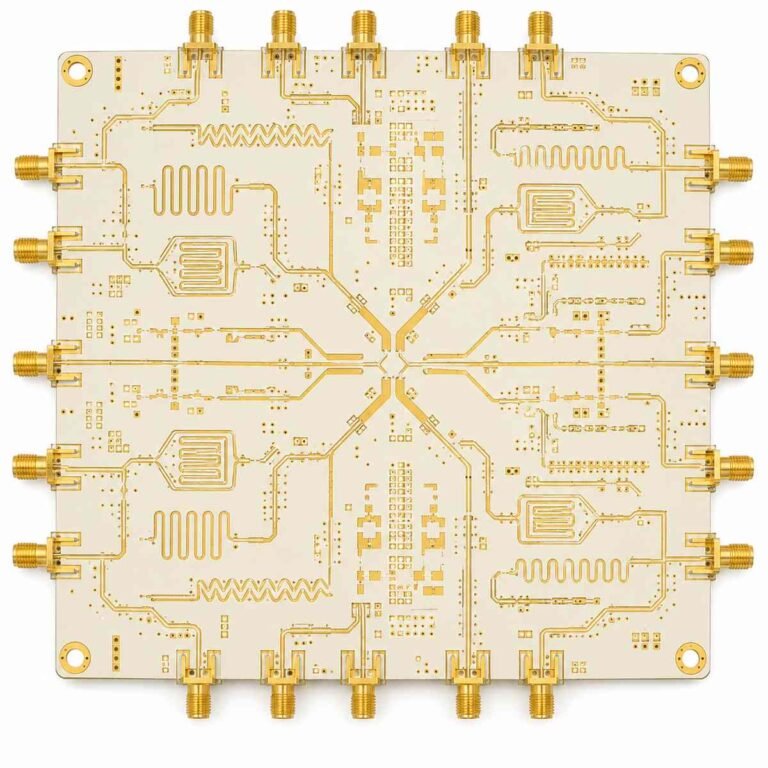 EW PCB wideband design showing electronic warfare receiver circuit board on Rogers RT5880 substrate with broadband filter and amplifier traces