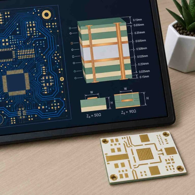 High frequency PCB DFM review showing engineer checking Gerber layout against stackup drawing on screen