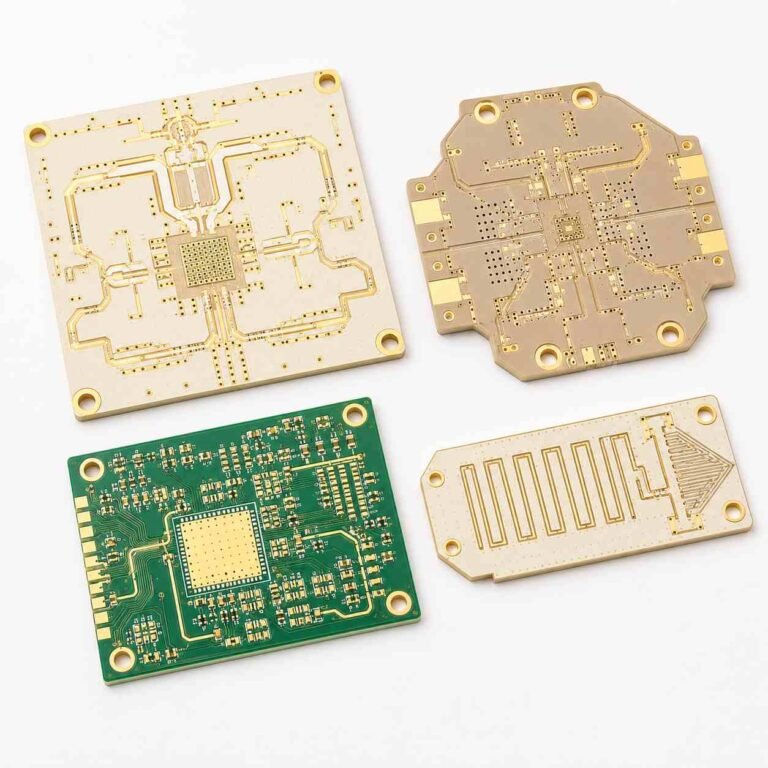 High frequency PCB manufacturer Riching PCB showing variety of Rogers PTFE Taconic and F4B circuit boards in stock