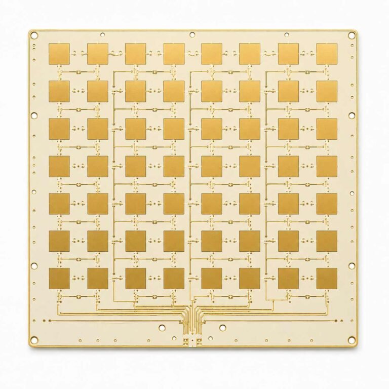 Ka-band PCB design showing phased array satellite terminal antenna panel on Rogers RO3003 substrate for 28GHz applications