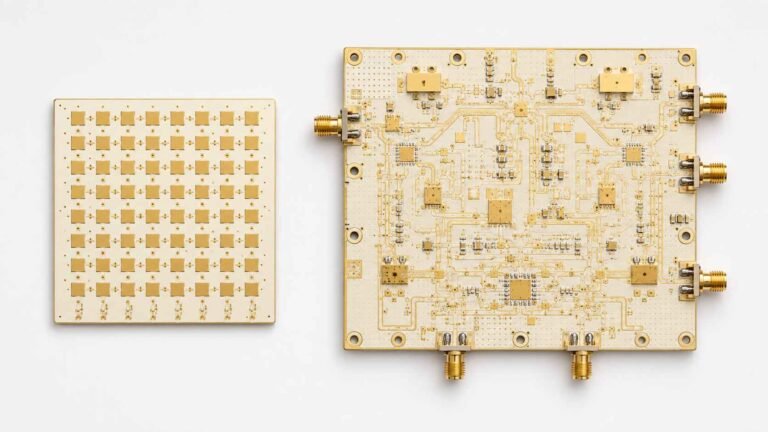 Ka-band PCB showing RO3003 patch antenna array for LEO satellite terminal and Ka-band phased array defense radar
