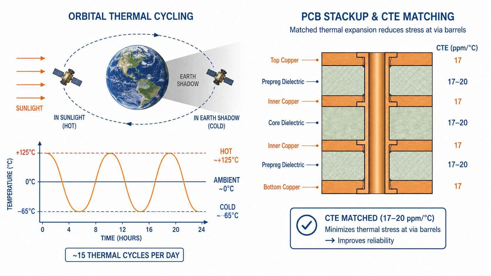 LEO satellite PCB thermal cycling diagram showing orbital temperature range and CTE matched stackup design considerations