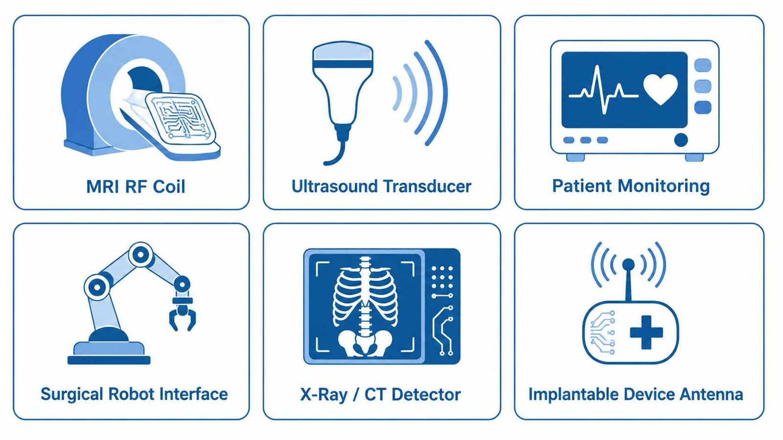 Medical PCB applications showing MRI RF coil ultrasound patient monitoring and surgical robot circuit boards