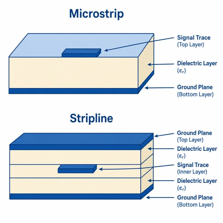 Microstrip and stripline PCB cross-section comparison showing trace location on outer layer versus buried between ground planes