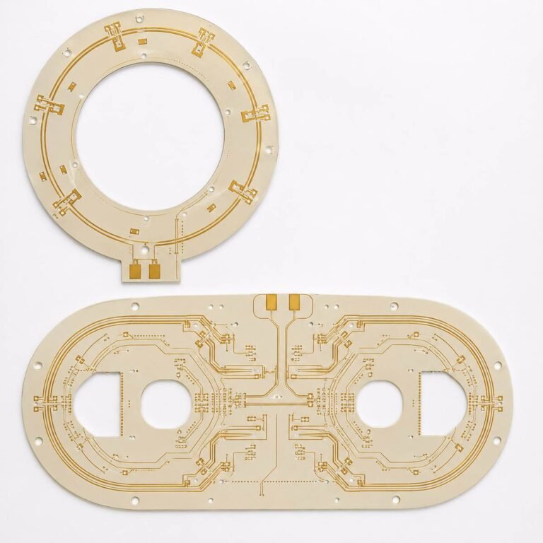 MRI RF coil PCB manufacturer showing circular loop coil circuit board on Rogers substrate with ENIG gold traces for 3T and 7T MRI systems