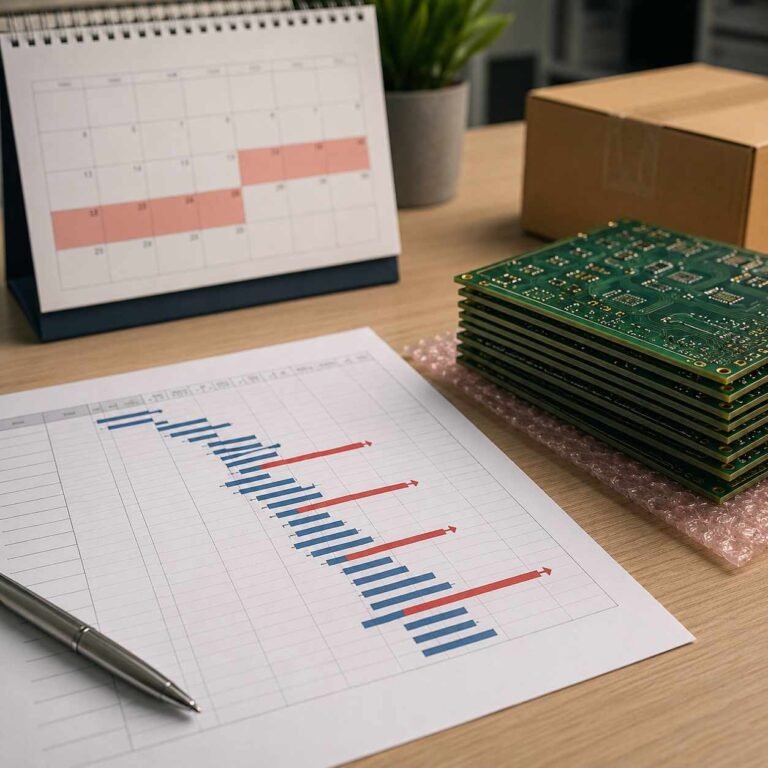 PCB lead time 2026 showing calendar with extended timeline and copper clad laminate material shortage causing delays