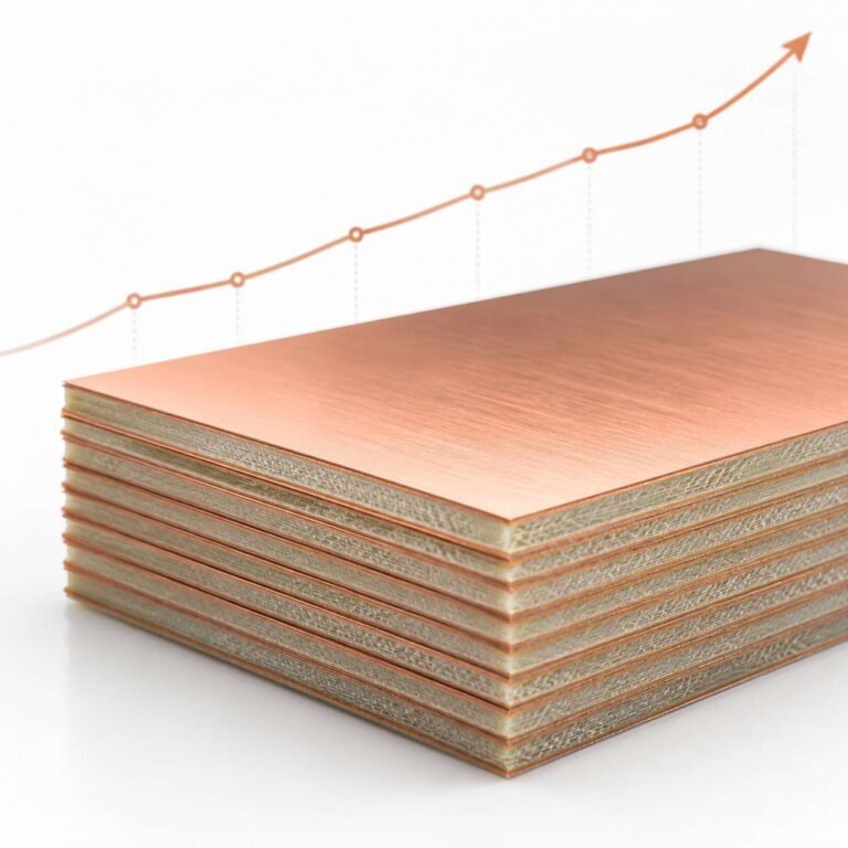 PCB material price increase 2026 showing copper clad laminate CCL stacks and price trend chart with upward arrow