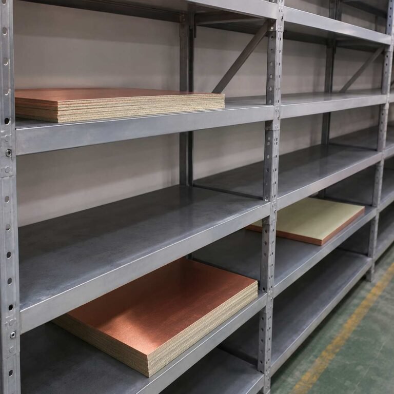 PCB material shortage 2026 showing empty CCL copper clad laminate storage rack in PCB factory with low inventory