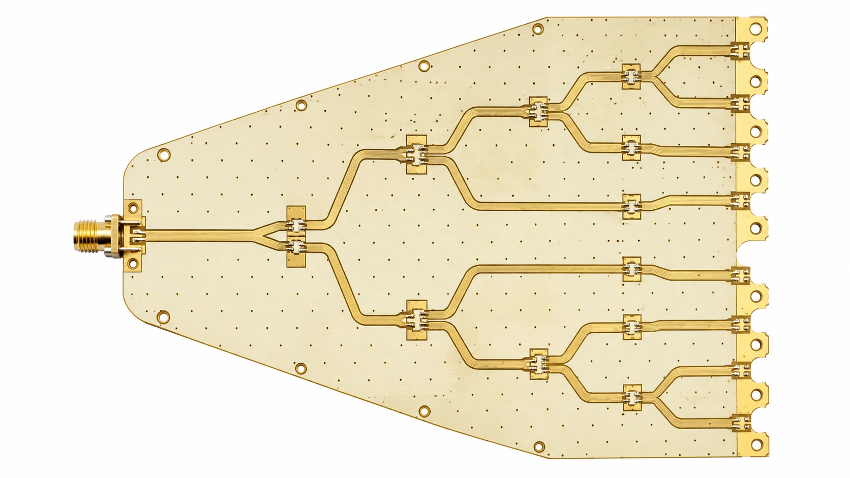 Phased array PCB corporate feed network showing Wilkinson power dividers and microstrip distribution