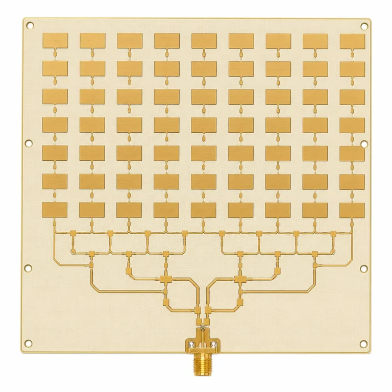 Phased array PCB with patch antenna elements on Rogers RO3003 PTFE substrate