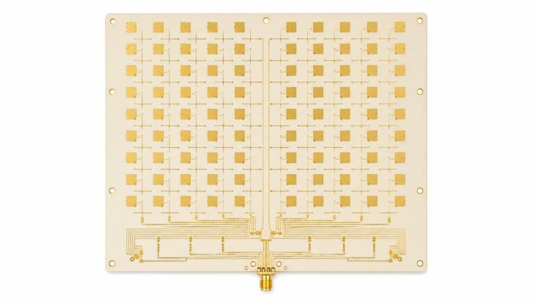 Phased array PCB showing dense patch antenna element grid on RO3003 substrate for AESA radar and satcom beamforming