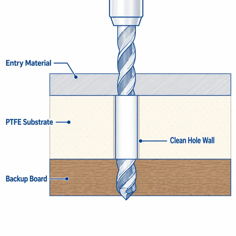 PTFE PCB drilling process showing drill bit entering Rogers RO3003 substrate with entry material on top