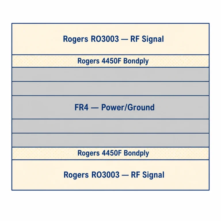 PTFE PCB hybrid stackup cross-section showing Rogers substrate bonded to FR4 inner layers with bondply material