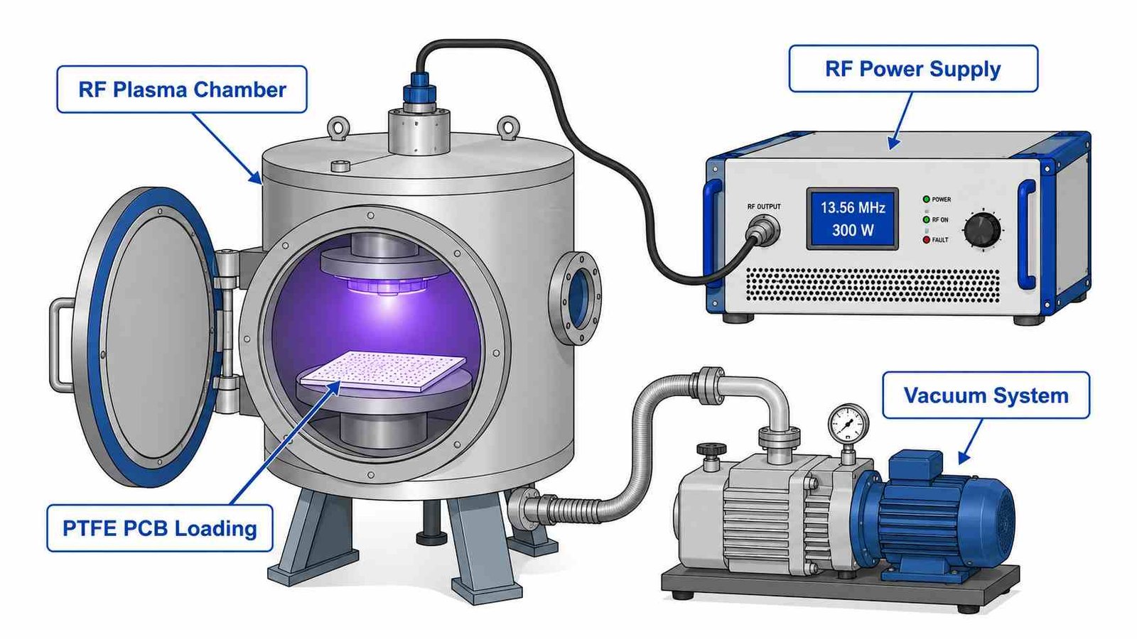 In-house RF plasma activation chamber for PTFE PCB showing the equipment used before copper plating