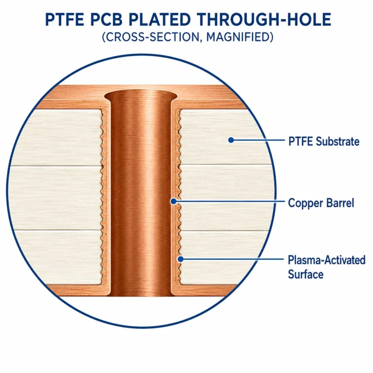 PTFE PCB cross-section microscopy image showing copper-plated hole wall after plasma activation treatment