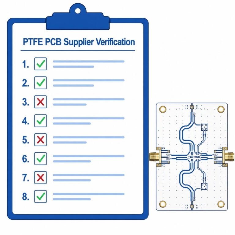 RF engineer reviewing PTFE PCB supplier checklist with clipboard showing 8 verification questions before placing Rogers PCB order