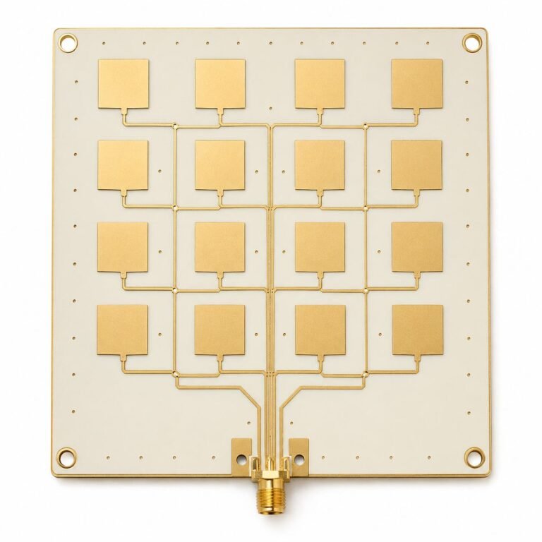 RF antenna PCB manufacturer showing patch antenna array and feed network on Rogers RO3003 substrate
