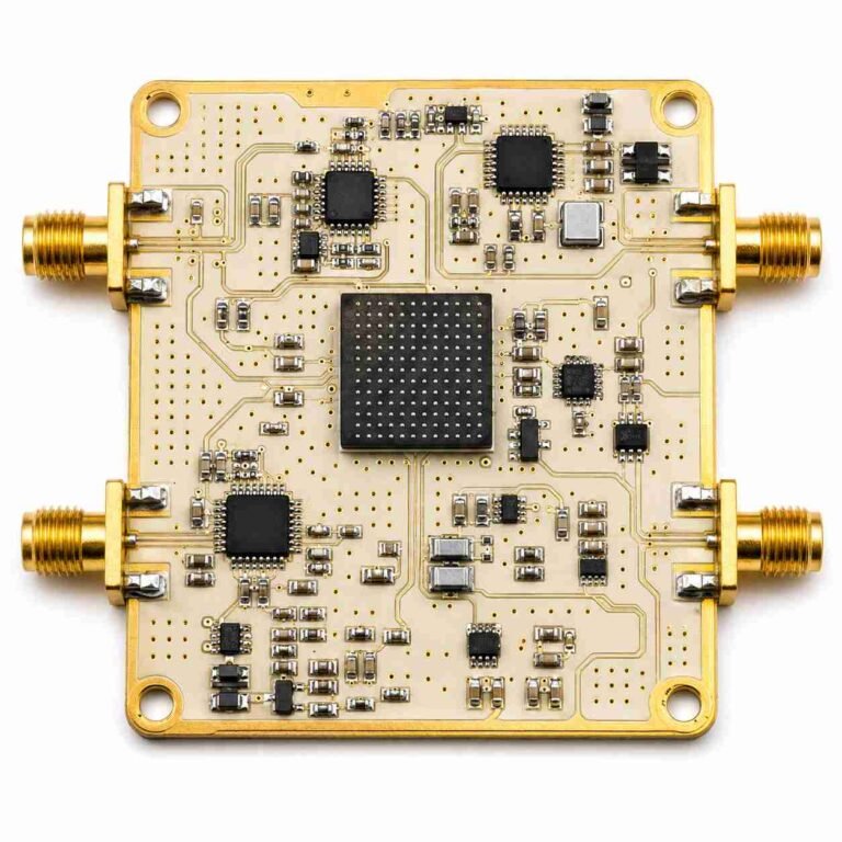 RF PCB assembly showing Rogers PTFE board with SMT components soldered including BGA chip and fine-pitch ICs