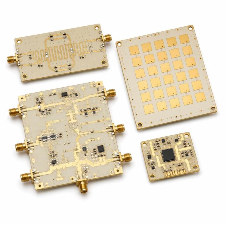 RF PCB manufacturer Riching PCB showing assortment of Rogers and PTFE RF circuit boards for communication and radar applications