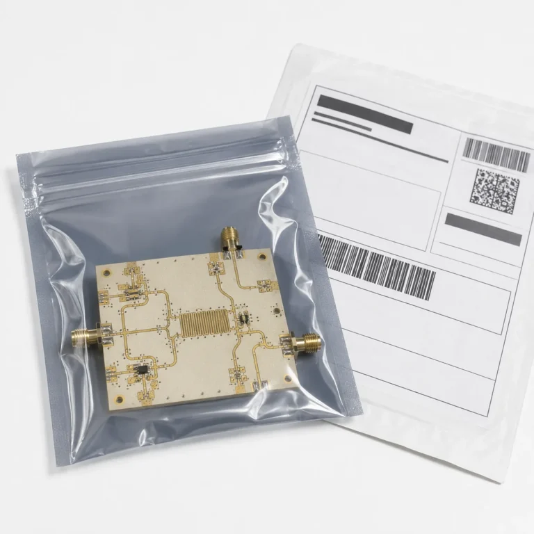RF PCB prototype board ordered from China showing Rogers RO4350B substrate with microstrip traces ready for shipping