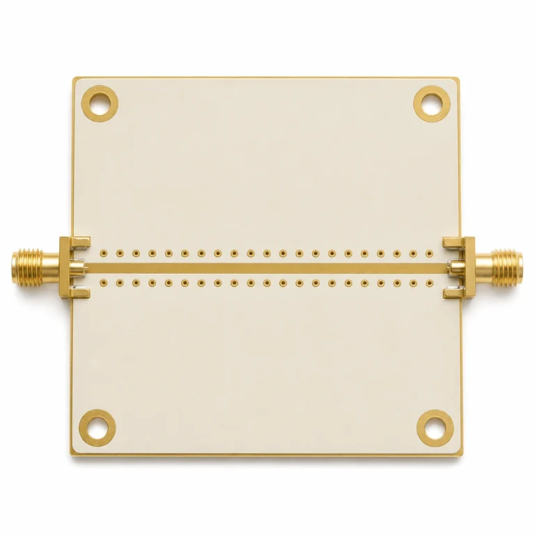 RF via fence on Rogers PCB showing row of ground vias along both sides of microstrip transmission line
