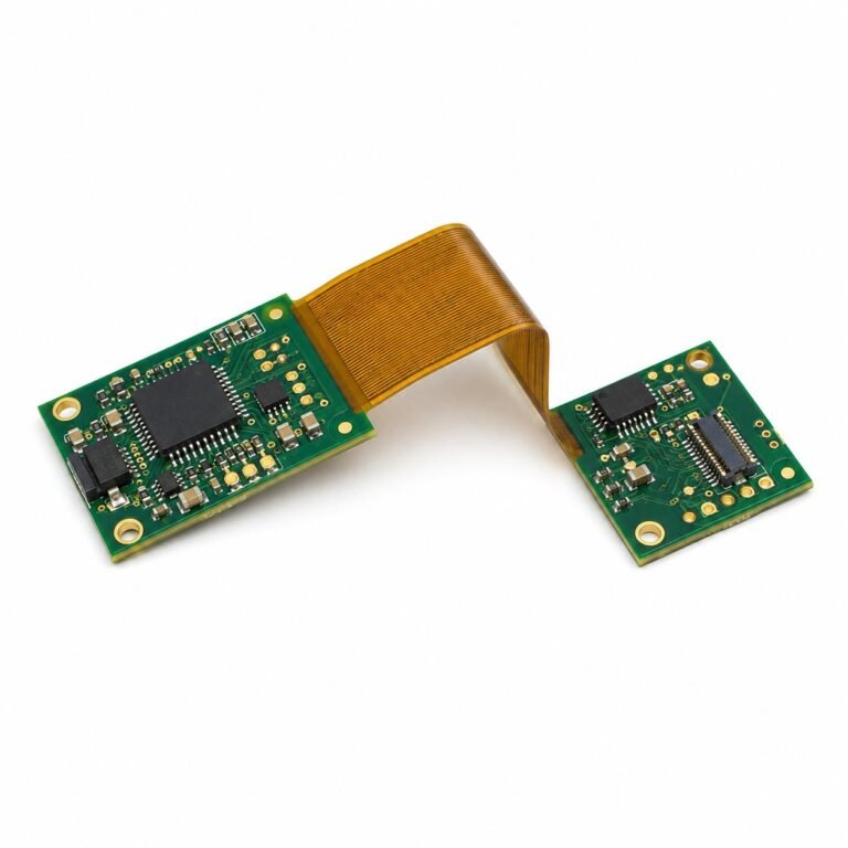 Rigid flex PCB manufacturer showing assembled rigid-flex circuit board with bent flex section connecting two rigid PCB sections