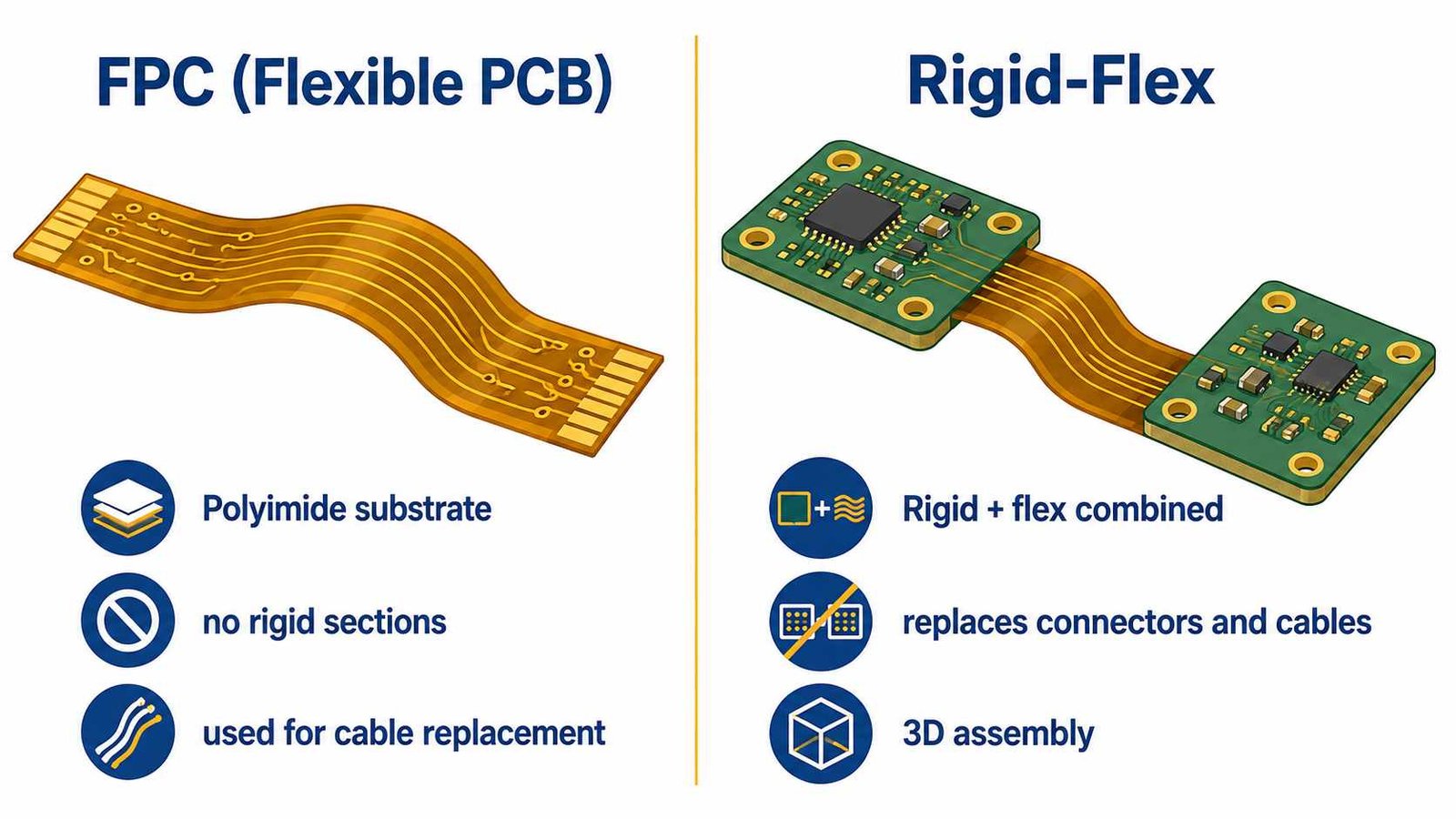 Rigid flex PCB vs FPC flexible circuit board comparison showing structure and application differences