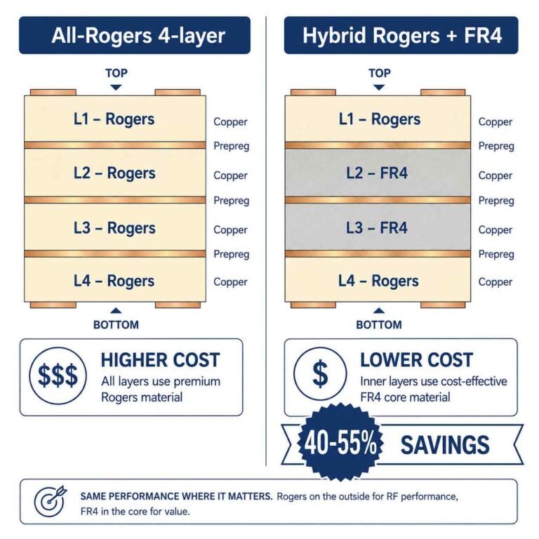 Rogers FR4 hybrid PCB stackup cross-section showing cost reduction strategy with Rogers outer layers and FR4 inner layers