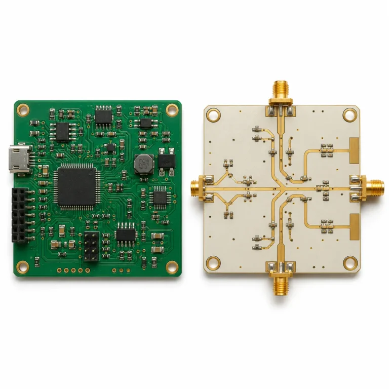 Rogers RO4350B PCB prototype board showing cost comparison with FR4 — high frequency RF substrate