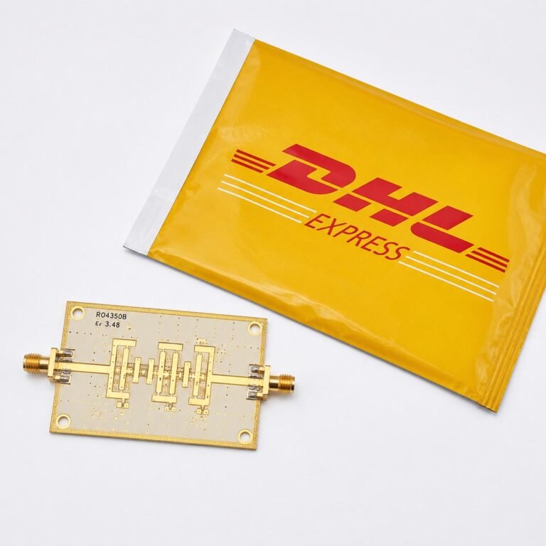 Rogers RO4350B PCB prototype from China showing finished board with ENIG surface finish next to DHL shipping box