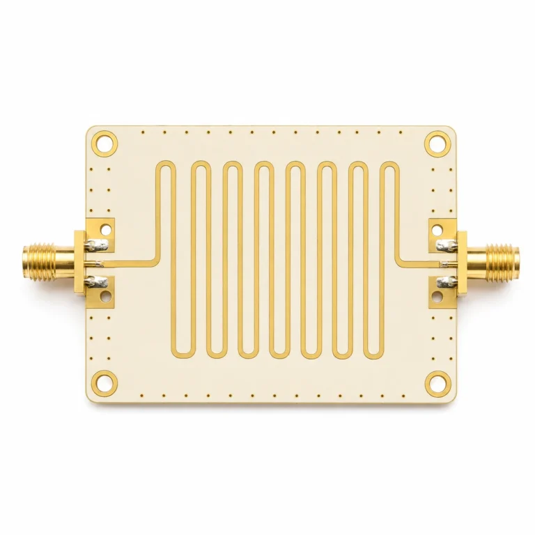 Rogers PCB prototype board showing RO4350B substrate with controlled impedance microstrip traces and ENIG finish
